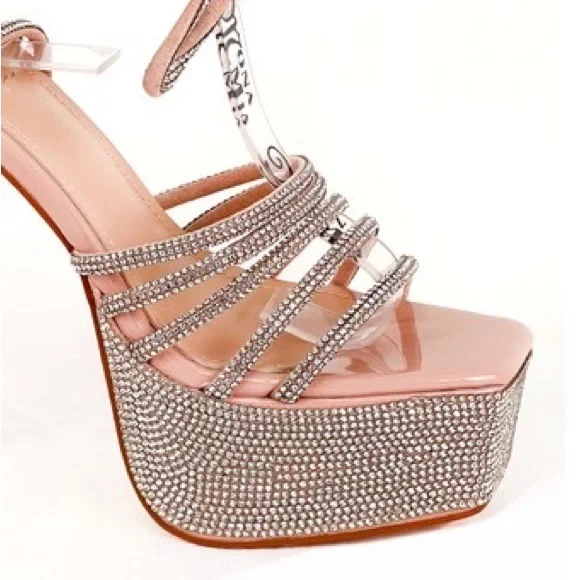 Size 10 Bella City Nude Strappy Ankle Wrap Rhinestone Embellished Platform Heels - Picture 7 of 9